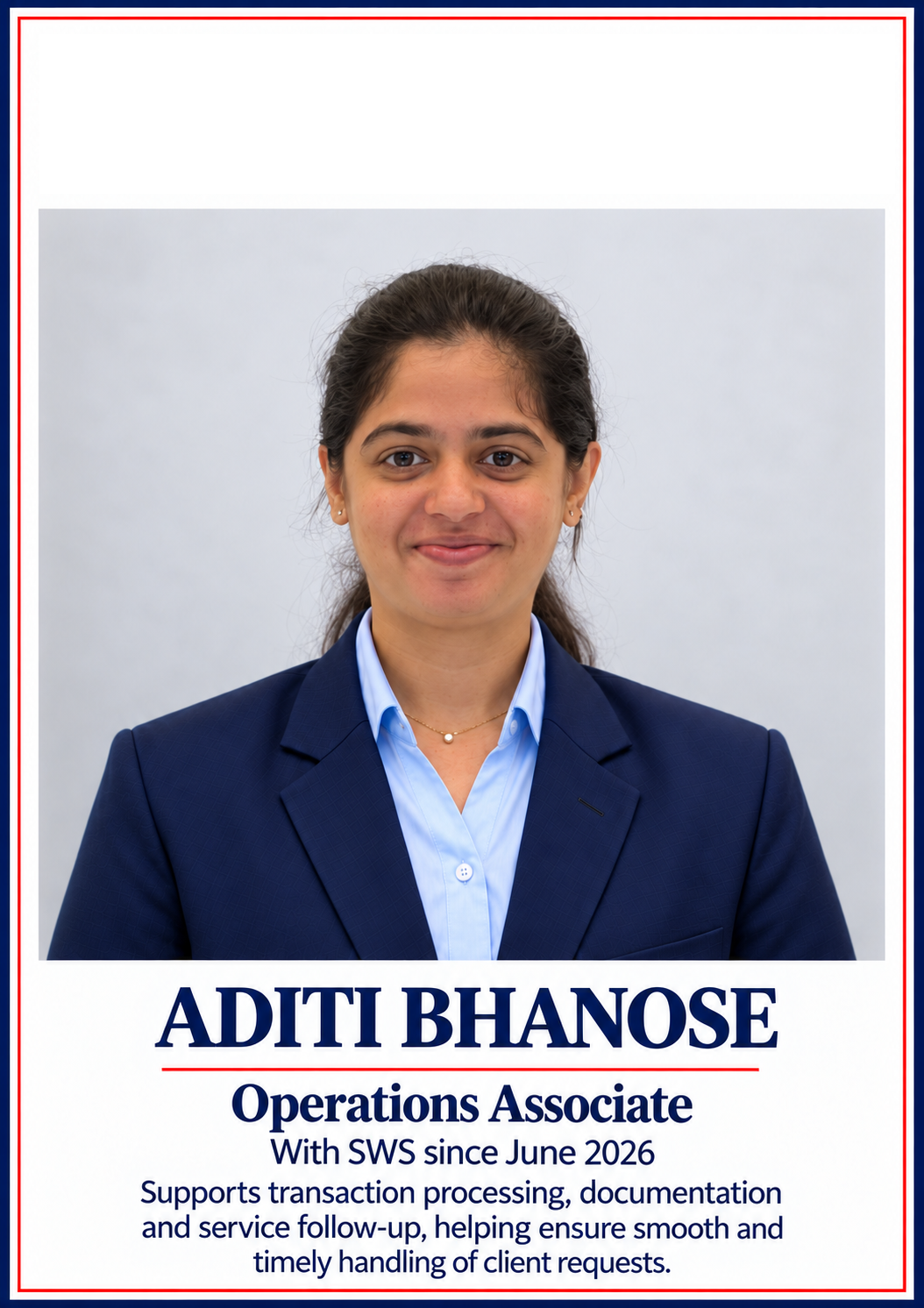 Ms. Aditi Bhanose, Operations Support, SWS Fintech Services Nashik